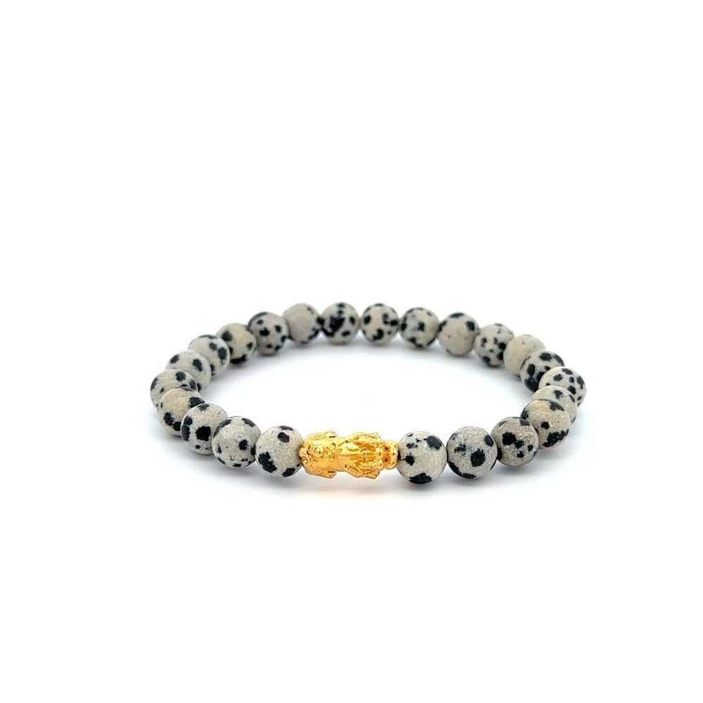 18K Gold Dragon Pixiu Piyao Lucky Charm Bracelet Gemstones Dalmatian Jasper 6mm